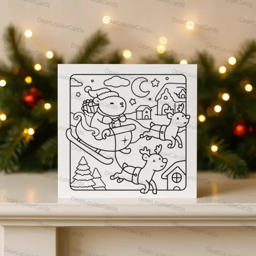 Santa Capybara Sleigh Christmas DIY Colouring Card – Cute Festive Holiday Greeting