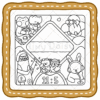 Jumbo Fuzzy Buddies Coloring Book - Tiny Daisy Fuzzy Buddies World Book for All Ages 1 A black-and-white coloring page featuring adorable fuzzy animal friends including frogs, rabbits, and bears, all gathered around a cozy scene with a clock showing 11:05.
