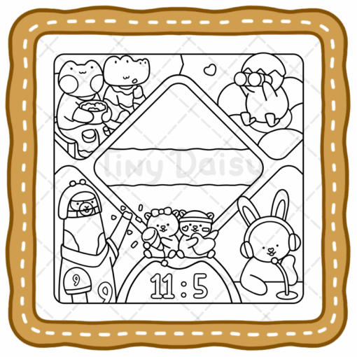 A black-and-white coloring page featuring adorable fuzzy animal friends including frogs, rabbits, and bears, all gathered around a cozy scene with a clock showing 11:05.