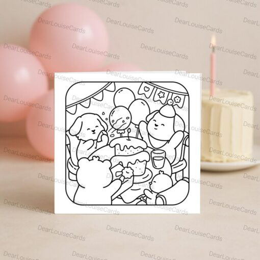 Animal Birthday Party DIY Colouring Card – Cute Happy Birthday Greeting