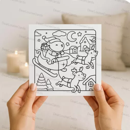 Santa Capybara Sleigh Christmas DIY Colouring Card – Cute Festive Holiday Greeting