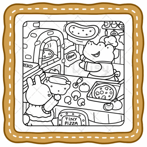 A cute coloring image of animals baking pizza in a cozy kitchen, featuring a bear and a bunny preparing ingredients and using a pizza oven, perfect for children’s coloring activities.