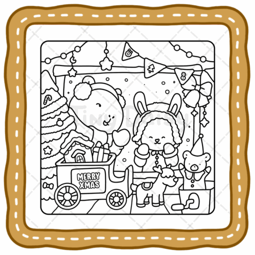 Cute Christmas animal friends coloring page for kids.