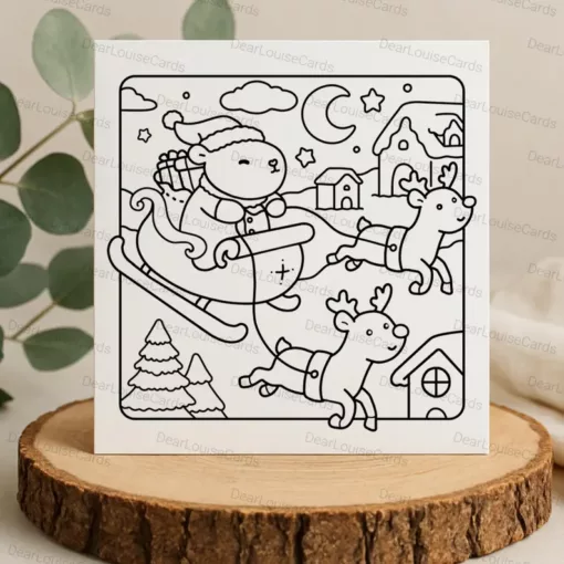 Santa Capybara Sleigh Christmas DIY Colouring Card – Cute Festive Holiday Greeting