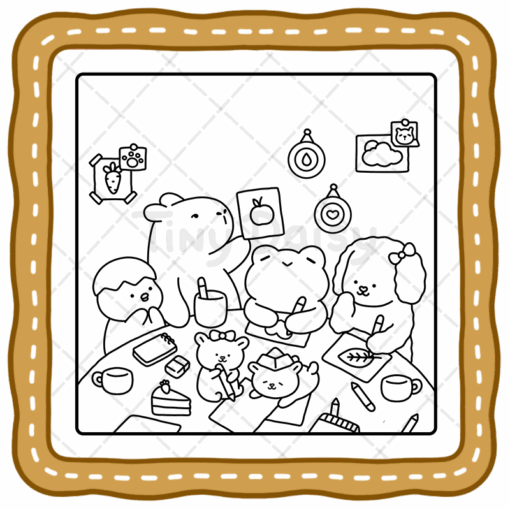 Adorable fuzzy animal characters from "Jumbo Fuzzy Buddies" engaging in cozy activities, perfect for coloring and relaxing.