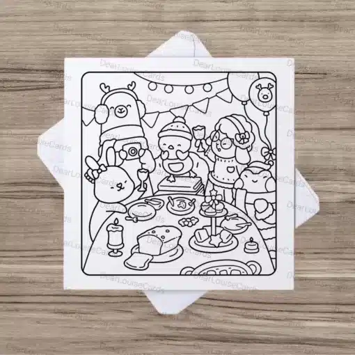 Christmas Dinner Party DIY Colouring Card – Festive Holiday Greeting