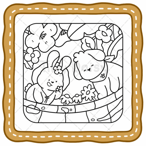 Adorable bunny and puppy characters in a cozy garden scene from the Jumbo Fuzzy Buddies coloring book, perfect for young children to enjoy and color.