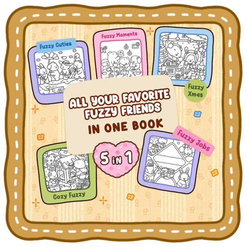 An adorable coloring book cover featuring various fuzzy friends including cuties, moments, Christmas, jobs, and cozy fuzzy themes, designed to engage children in creative coloring activities.