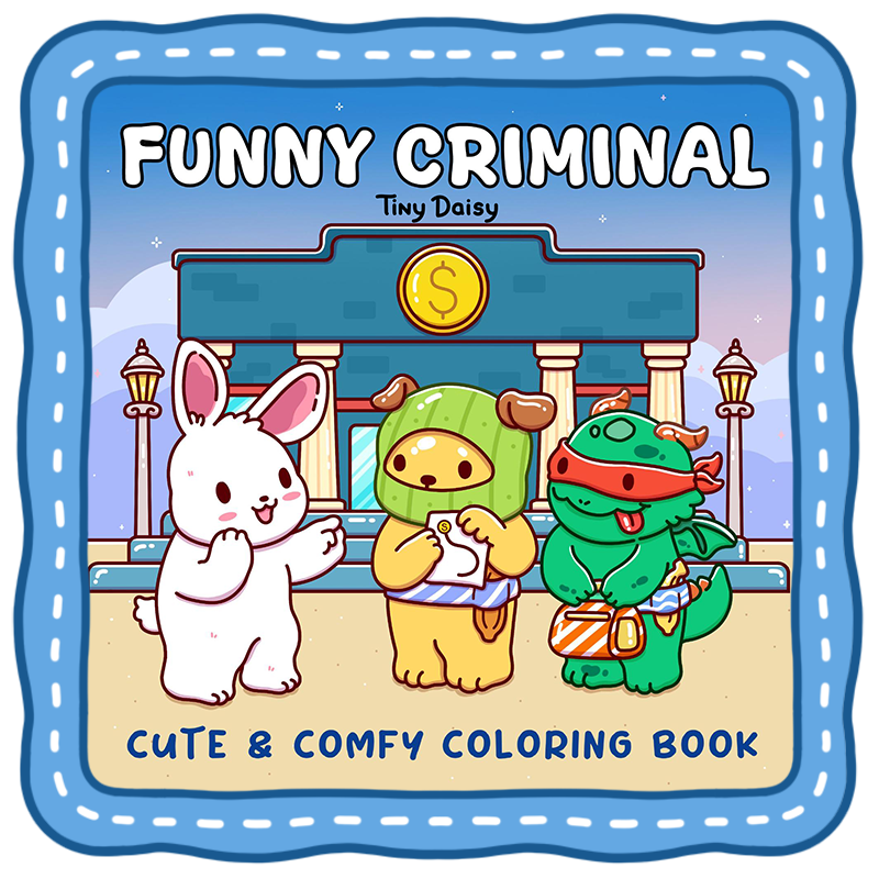 Adorable cartoon characters from Tiny Daisy's "Funny Criminal" coloring book, featuring a cute bunny, a dog dressed as a thief, and a crocodile in a playful city scene.