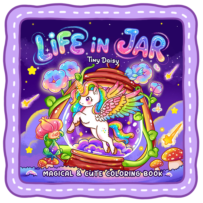 Colorful illustration of a unicorn with rainbow wings inside a jar, surrounded by clouds, stars, and mushrooms, promoting a magical and cute coloring book for children.